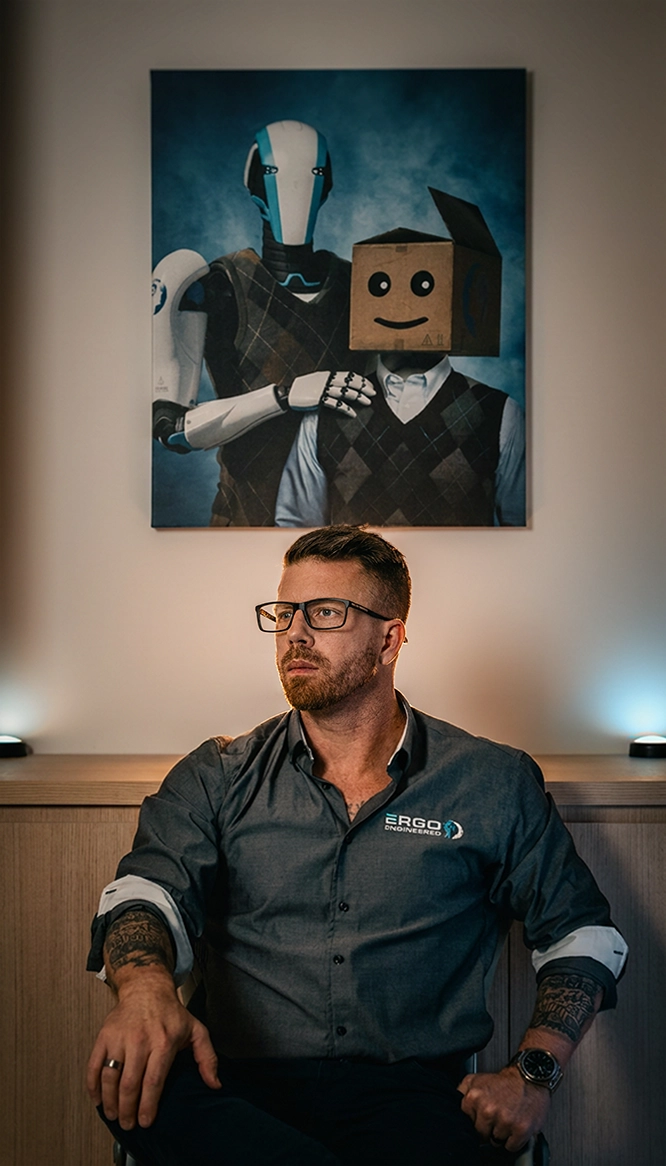 Nik Pearsall, founder of Ergonomics Engineered, with the droid mascots Harry and Charlie