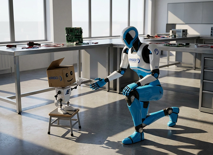 Charlie, the prototype droid with a cardboard-box head, reaching out to Harry, the sleek production droid, in the workshop