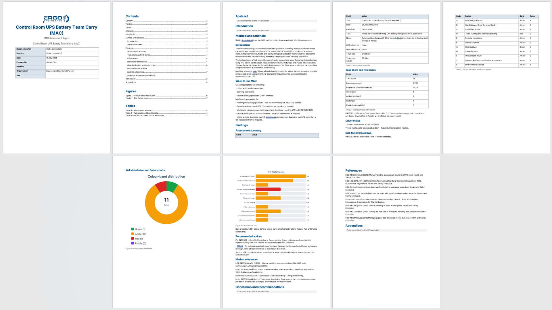 A generated assessment report spread across several pages