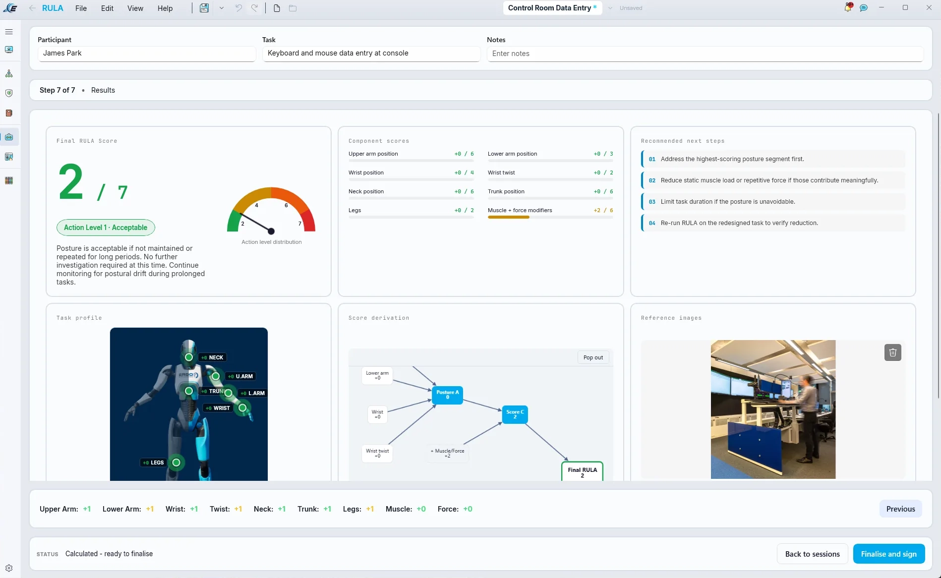 RULA results page with action-level gauge and component scores