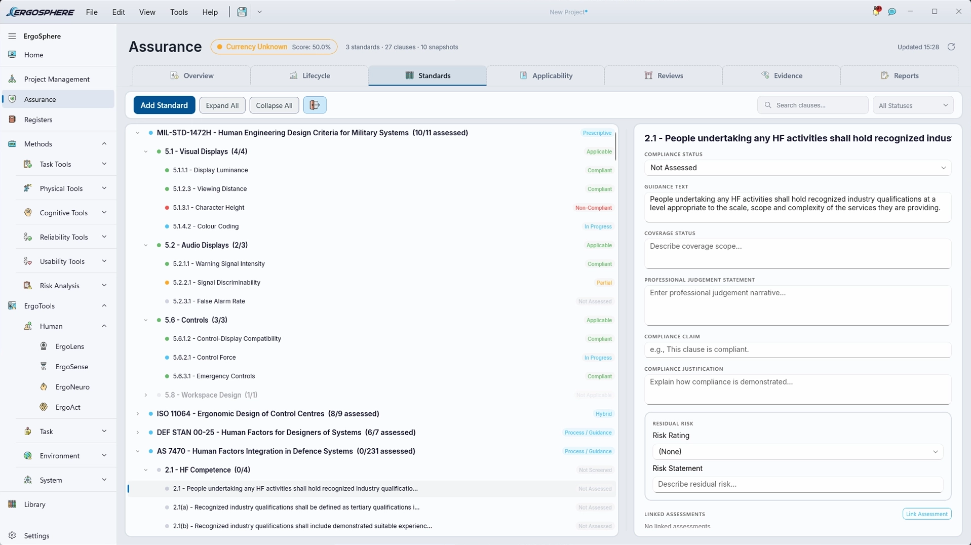 Standards register with per-clause compliance status